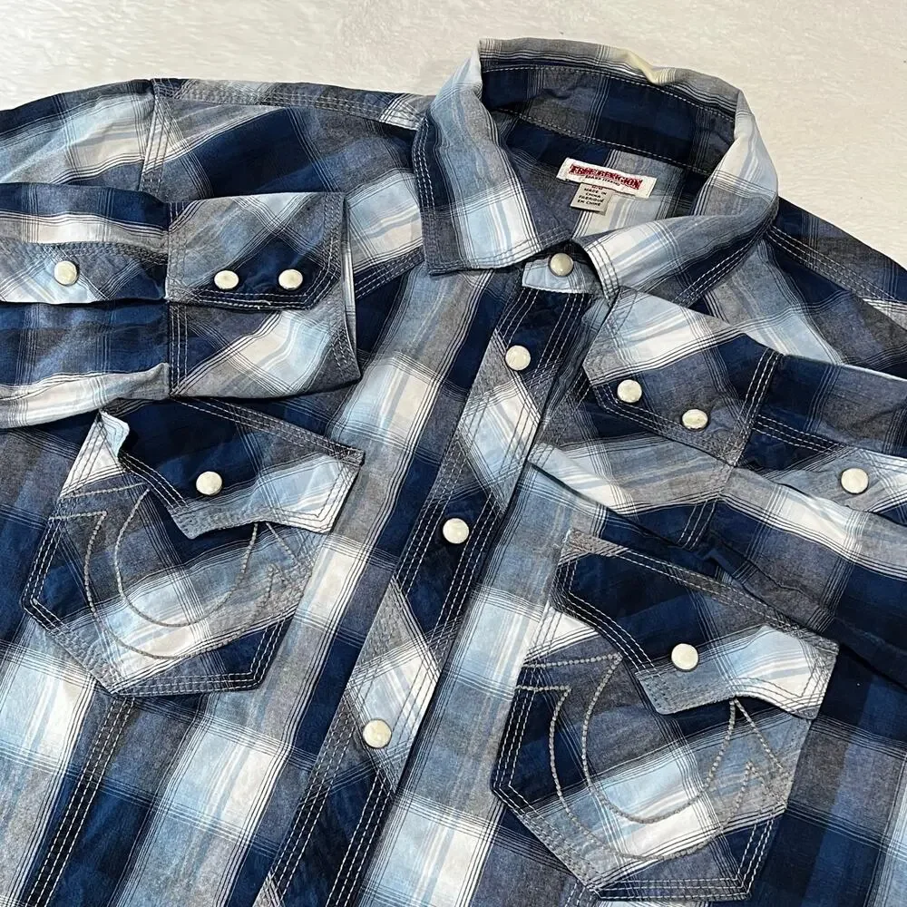 True Religion Blue plaid pearl snap western button down shirt men’s size Medium